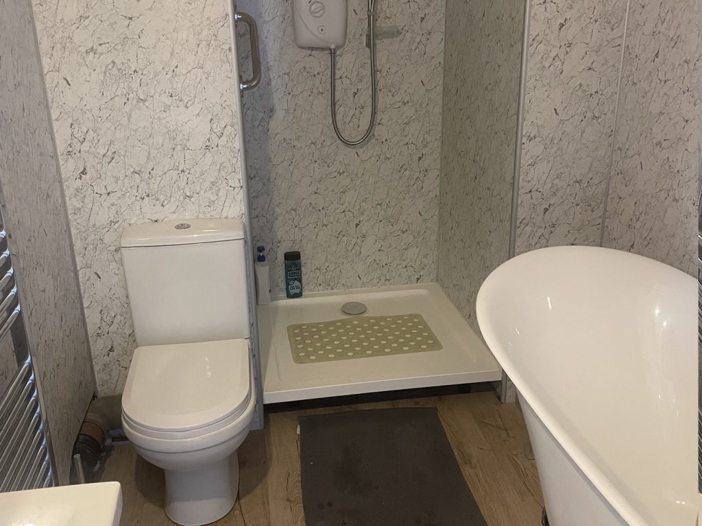 Bathroom with bath tub and separate shower cubicle, heated towel rail